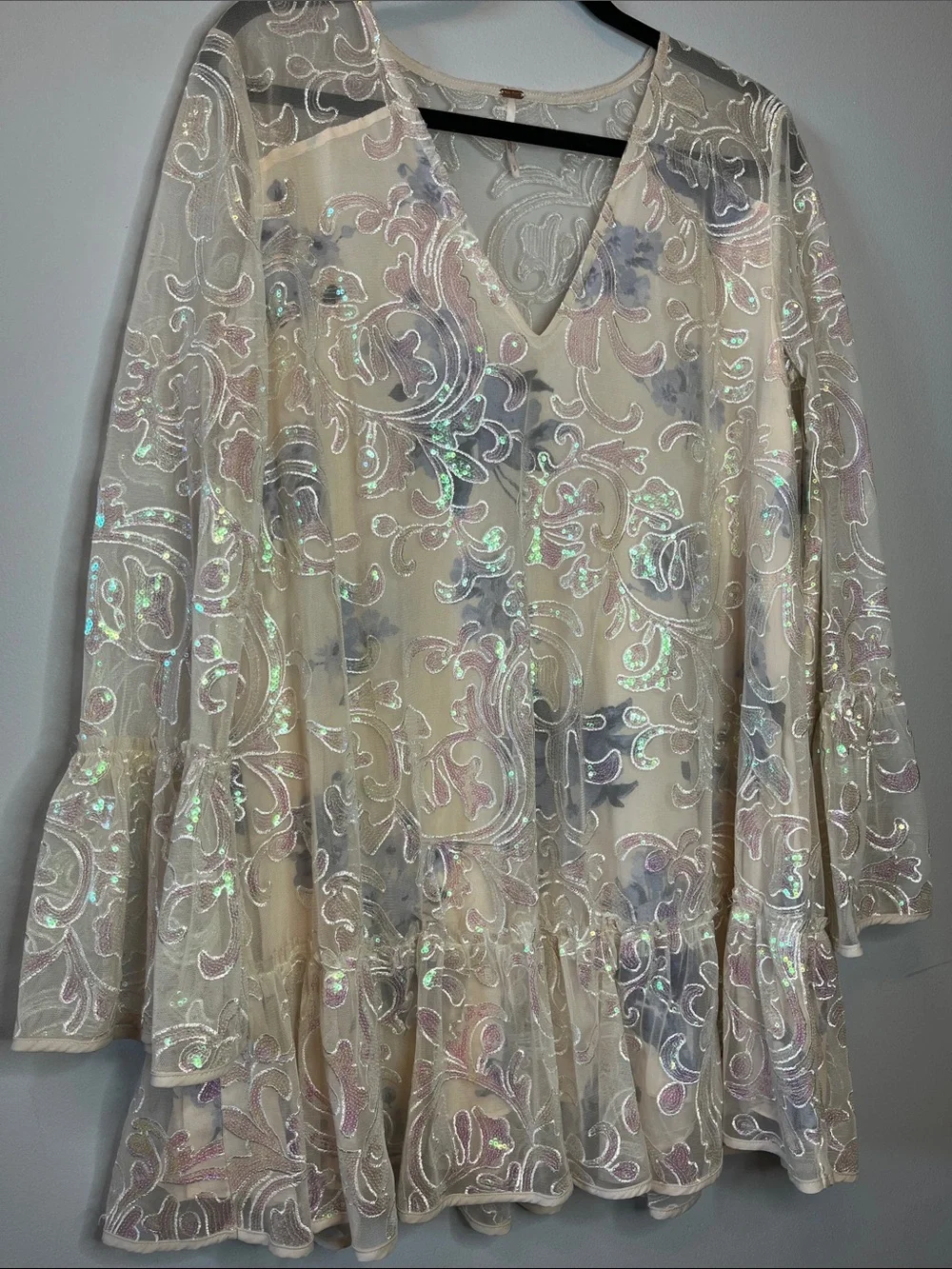 Free People Falling Flowers Flock mesh sequin ivory embroidery vneck dress